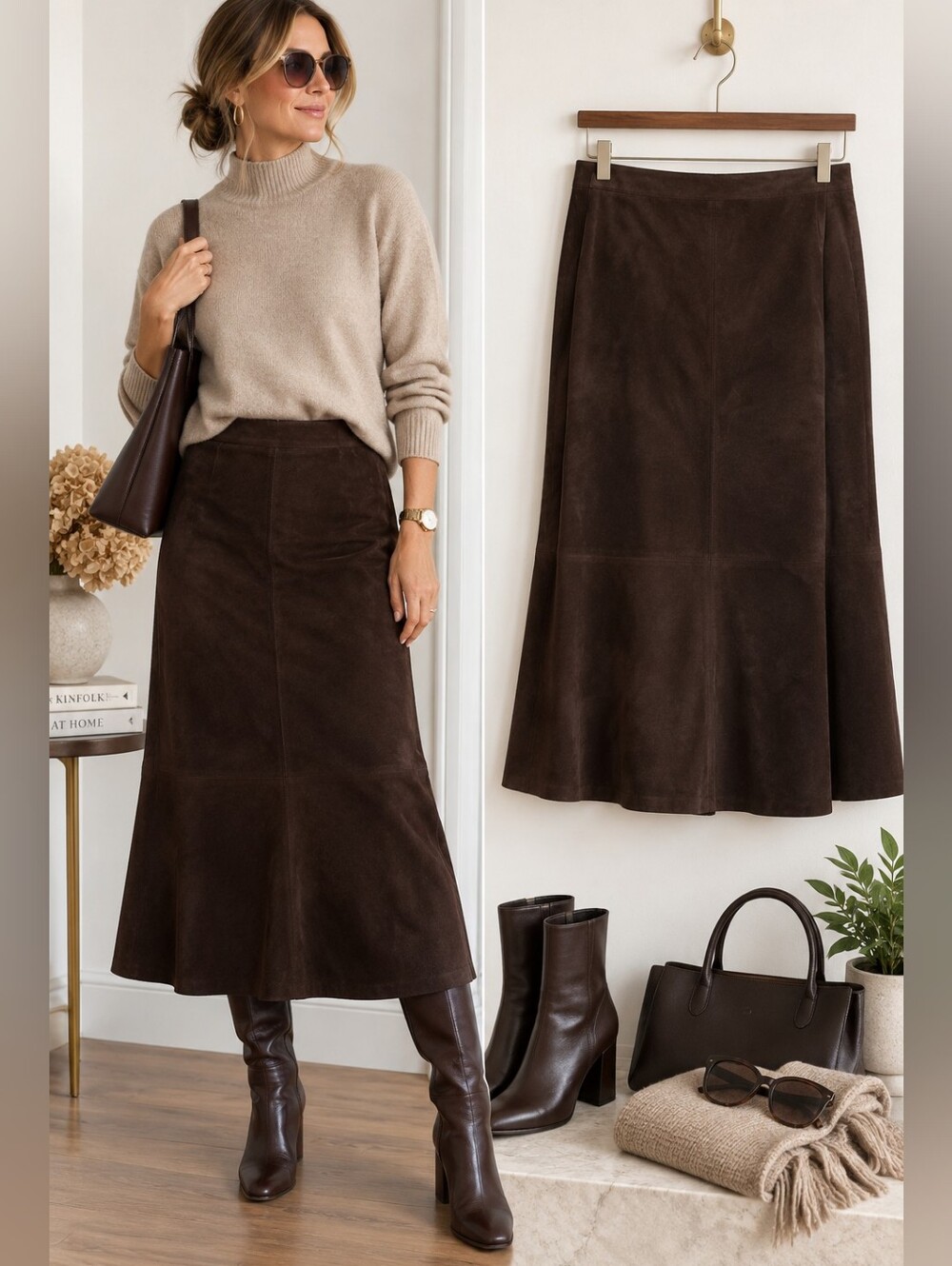 Danier Genuine Leather A-Line Midi Skirt Brown Size 12 | Modern Classic